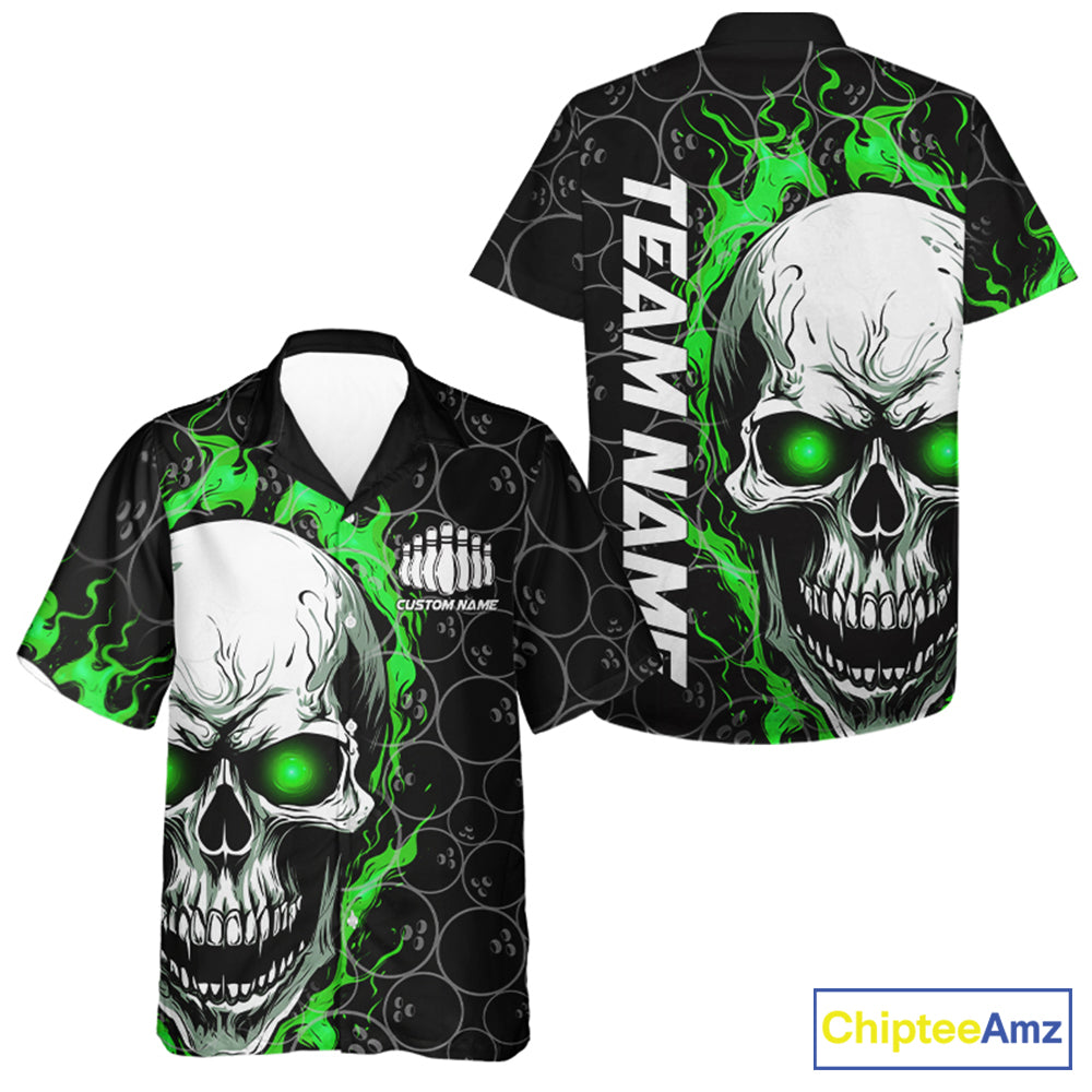 Custom Green Flame Skull Bowling Hawaiian Shirt And, Halloween Bowler Jerseys