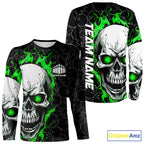 Custom Green Flame Skull Bowling Shirts And, Bowling Team Long Sleeve Bowling Shirts