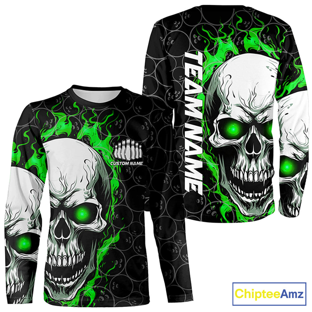 Custom Green Flame Skull Bowling Shirts And, Bowling Team Long Sleeve Bowling Shirts