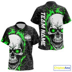 Custom Green Flame Skull Bowling Polo Shirt, Halloween Bowler Jerseys