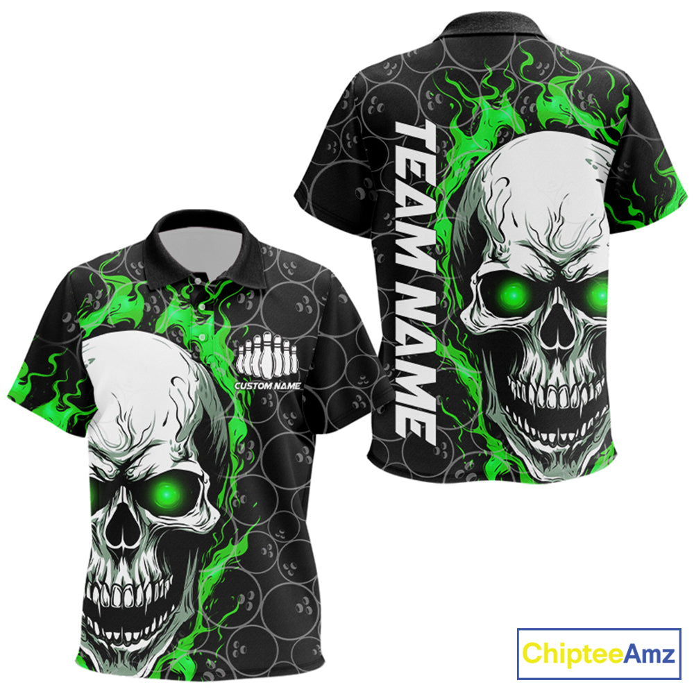 Custom Green Flame Skull Bowling Polo Shirt, Halloween Bowler Jerseys