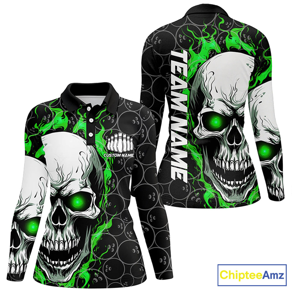 Custom Green Flame Skull Bowling Shirts, Bowling Team Long Sleeve Bowling Shirts