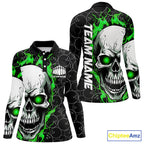 Custom Green Flame Skull Bowling Shirts, Bowling Team Long Sleeve Bowling Shirts