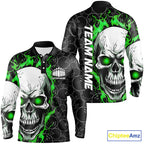 Custom Green Flame Skull Bowling Shirts, Bowling Team Long Sleeve Bowling Shirts