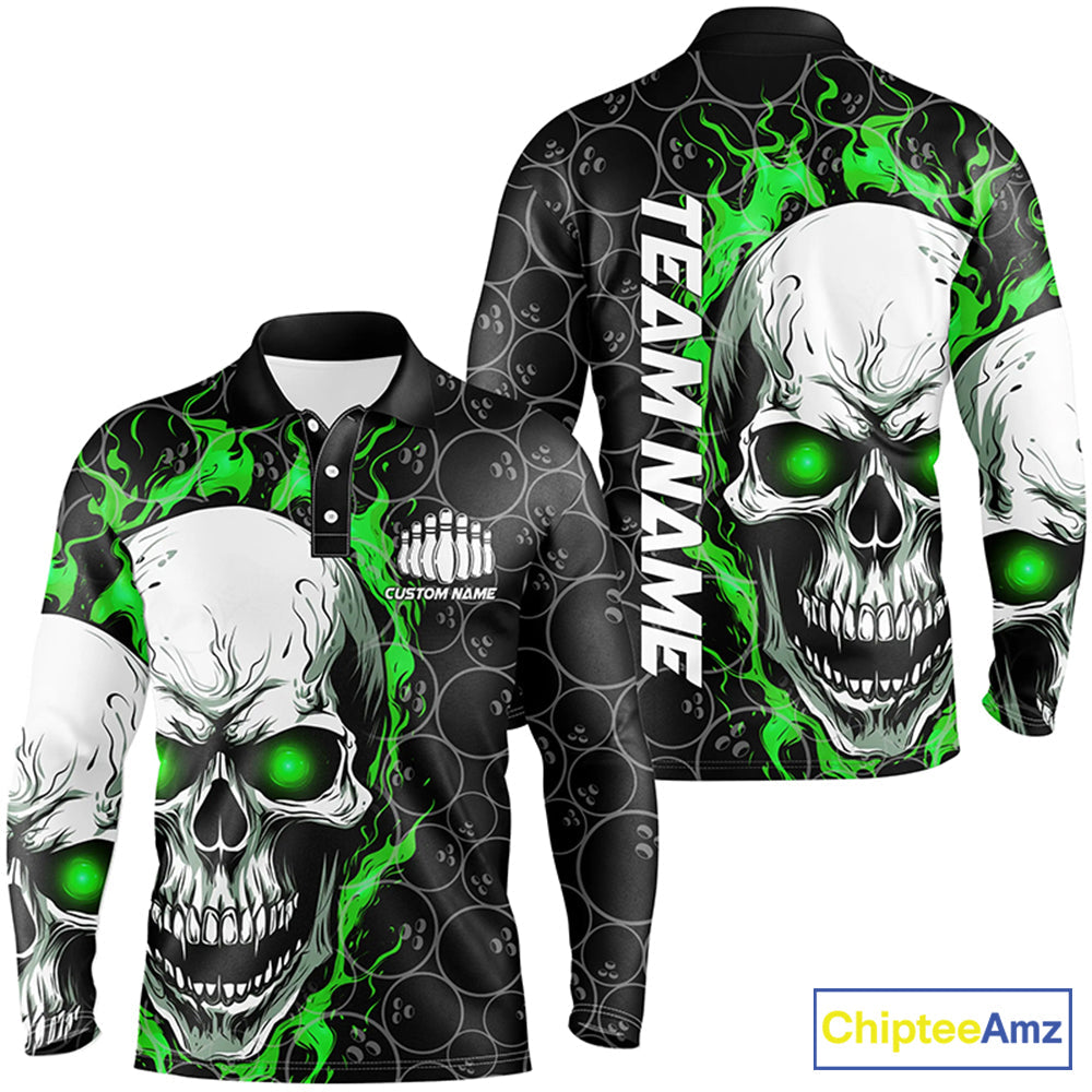 Custom Green Flame Skull Bowling Shirts, Bowling Team Long Sleeve Bowling Shirts