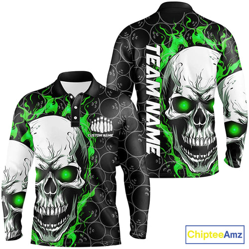 Custom Green Flame Skull Bowling Shirts, Bowling Team Long Sleeve Bowling Shirts