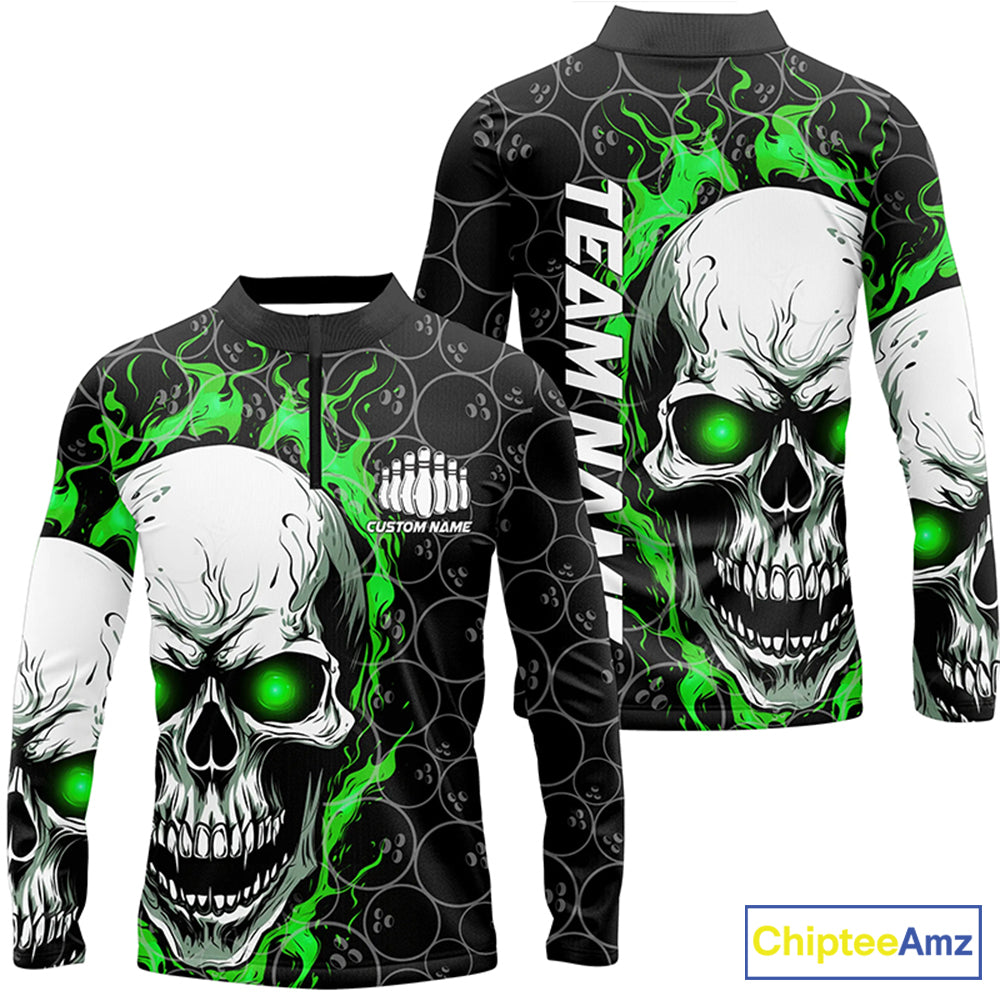 Custom Green Flame Skull Bowling Shirts, Bowling Team Long Sleeve Bowling Shirts
