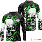 Custom Green Flame Skull Bowling Shirts, Bowling Team Long Sleeve Bowling Shirts