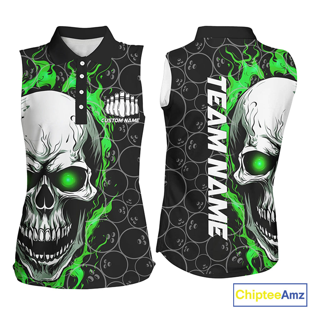 Custom Green Flame Skull Bowling Shirts, Bowling Team Sleeveless Bowling Shirts