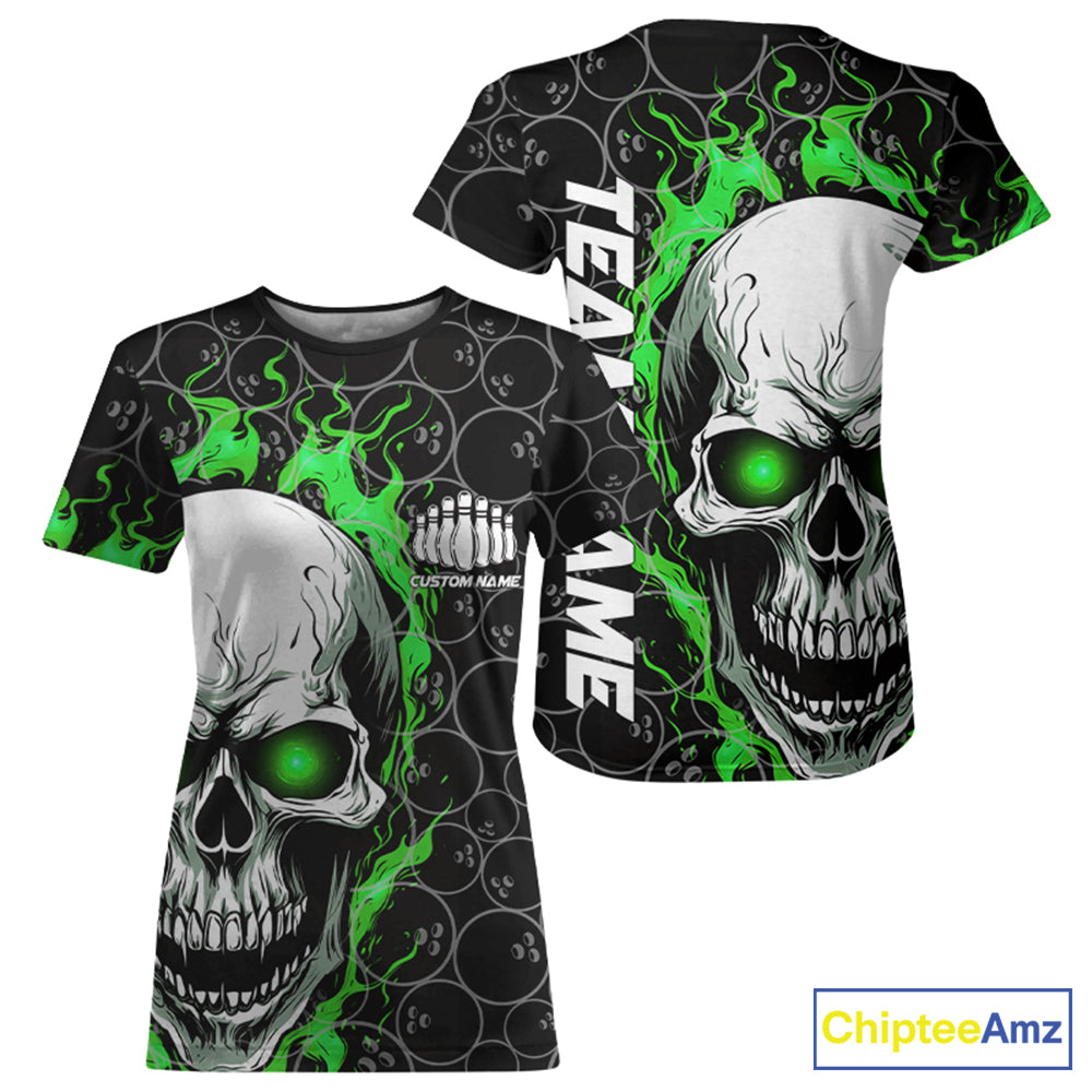 Custom Green Flame Skull Bowling T-Shirts, Halloween Bowler Jerseys