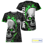 Custom Green Flame Skull Bowling T-Shirts, Halloween Bowler Jerseys