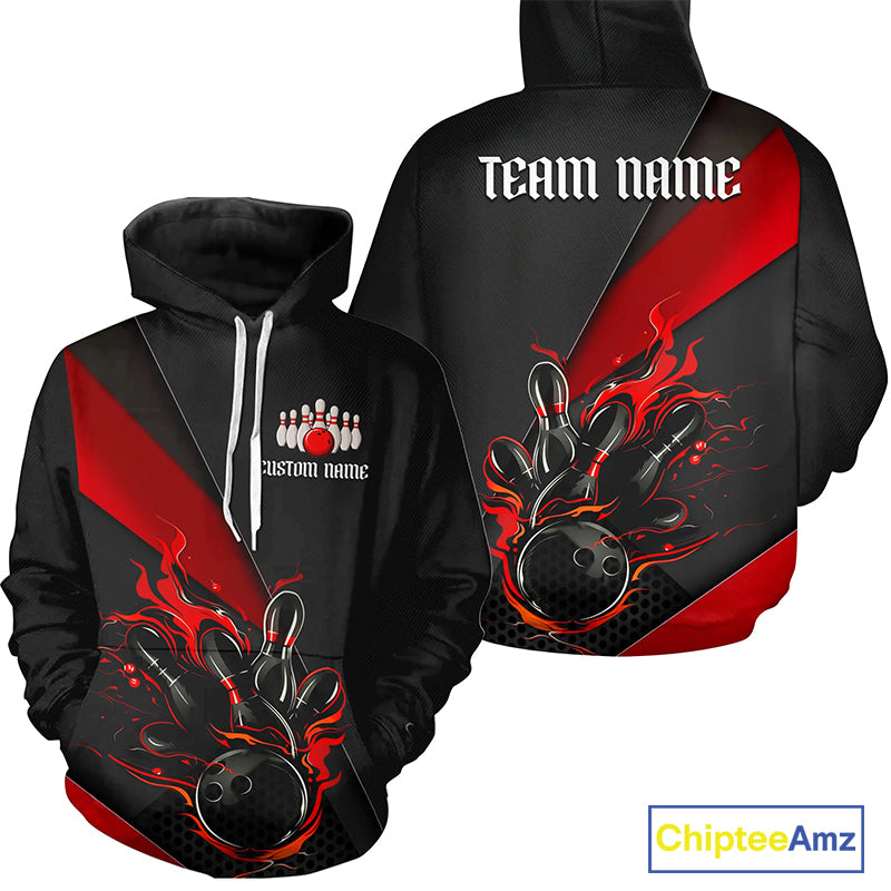 Red And Black Custom Flame Bowling Shirt And, Hoodie Bowling Team Shirts With Name