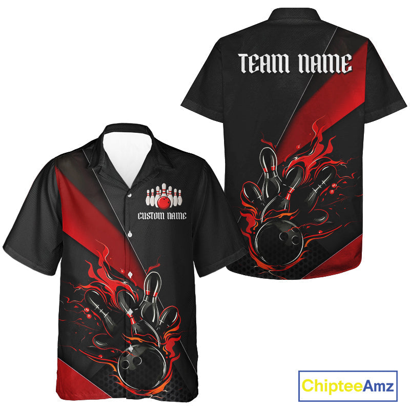 Red And Black Custom Flame Bowling Hawaiian Shirts, Bowling Team Shirts With Name