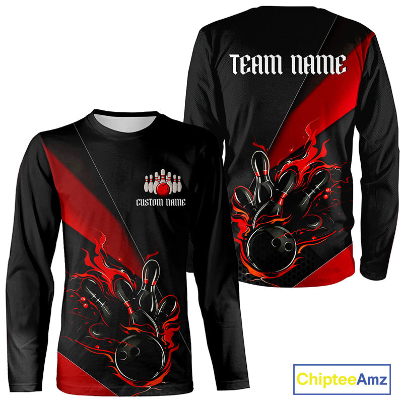 Red And Black Custom Flame Bowling Shirt And, Long Sleeve Bowling Team Shirts With Name