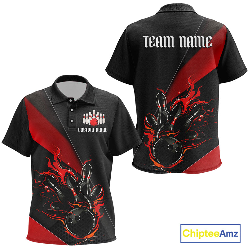 Red And Black Custom Flame Bowling Polo Shirts, Bowling Team Shirts With Name