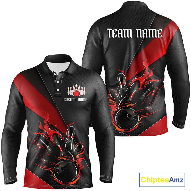 Red And Black Custom Flame Bowling Shirt, Long Sleeve Bowling Team Shirts With Name