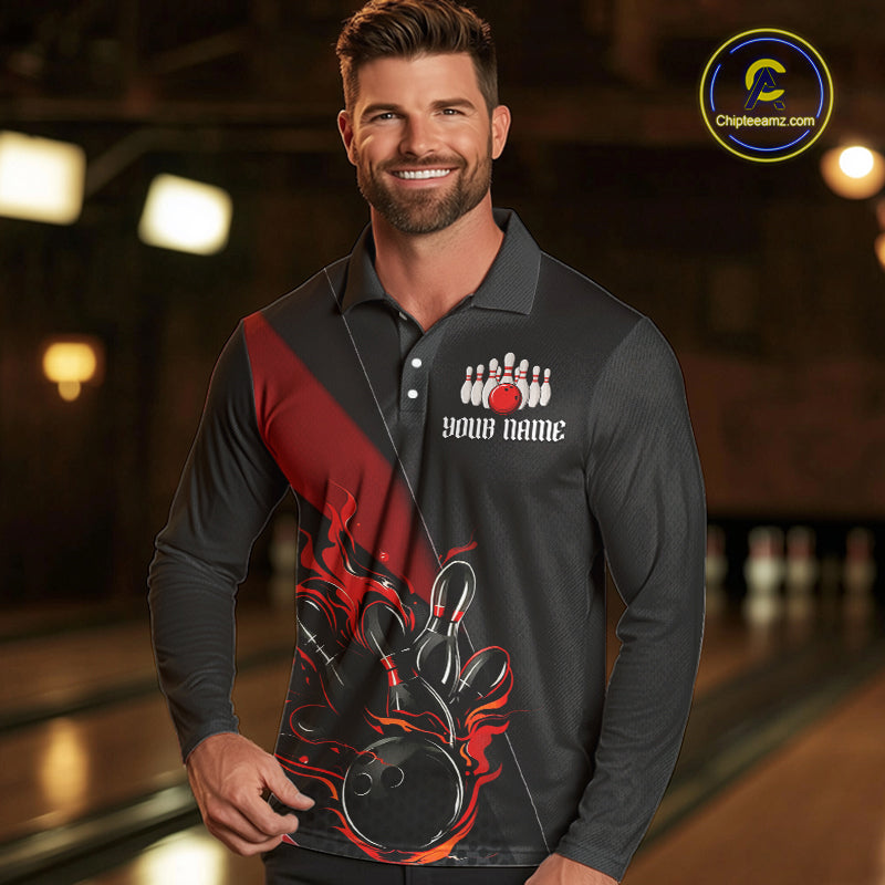 Red And Black Custom Flame Bowling Shirt, Long Sleeve Bowling Team Shirts With Name