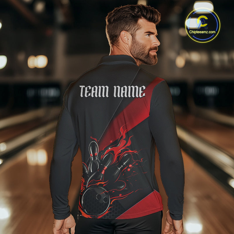 Red And Black Custom Flame Bowling Shirt, Long Sleeve Bowling Team Shirts With Name