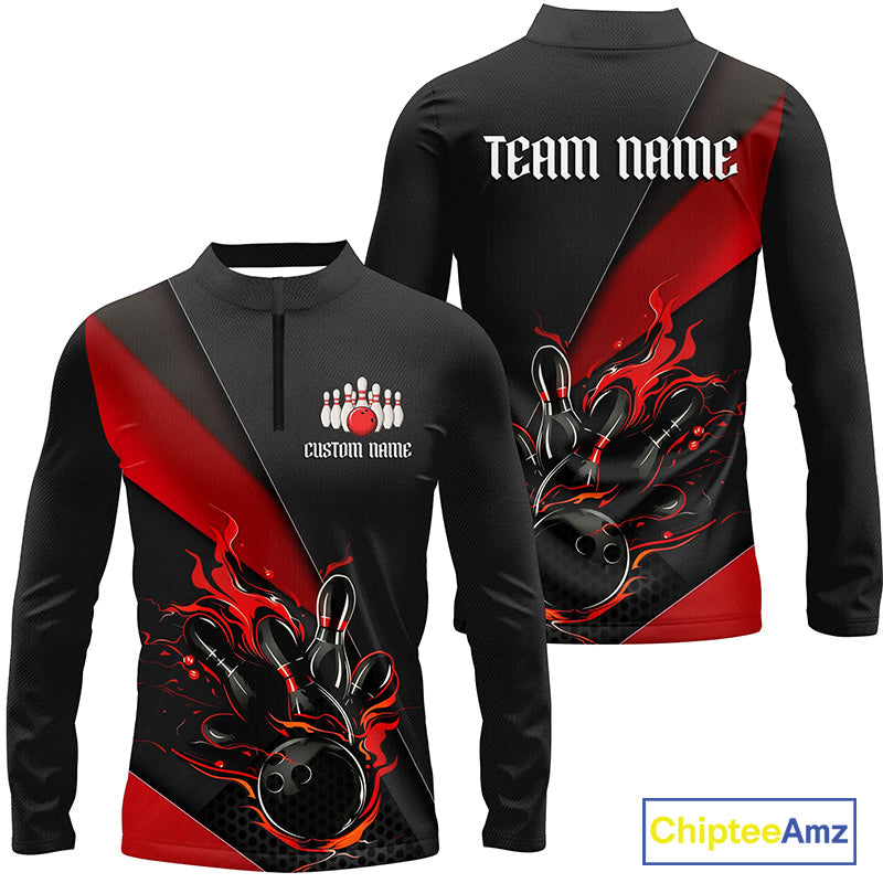 Red And Black Custom Flame Bowling Shirt, Long Sleeve Bowling Team Shirts With Name