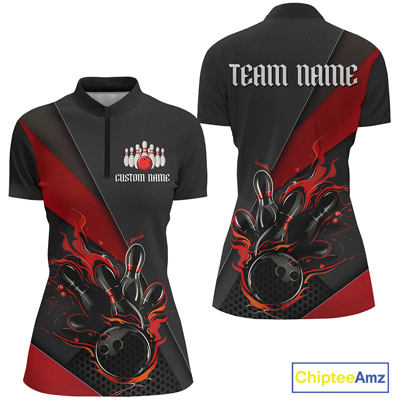 Black And Red Custom Name Bowling Tournament Jerseys, Bowling Team Shirts
