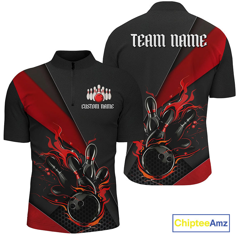 Black And Red Custom Name Bowling Tournament Jerseys And, Bowling Team Shirts