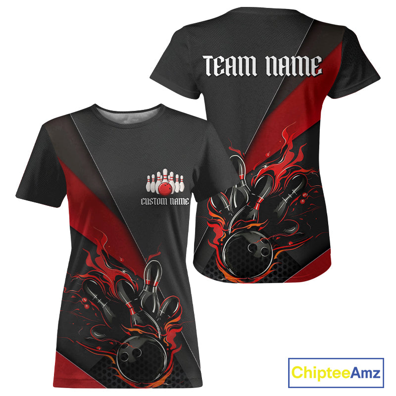 Red And Black Custom Flame Bowling T-Shirts, Bowling Team With Name