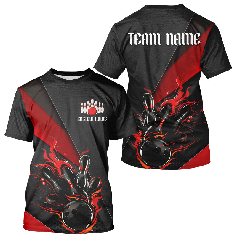 Red And Black Custom Flame Bowling T-Shirts, Bowling Team With Name