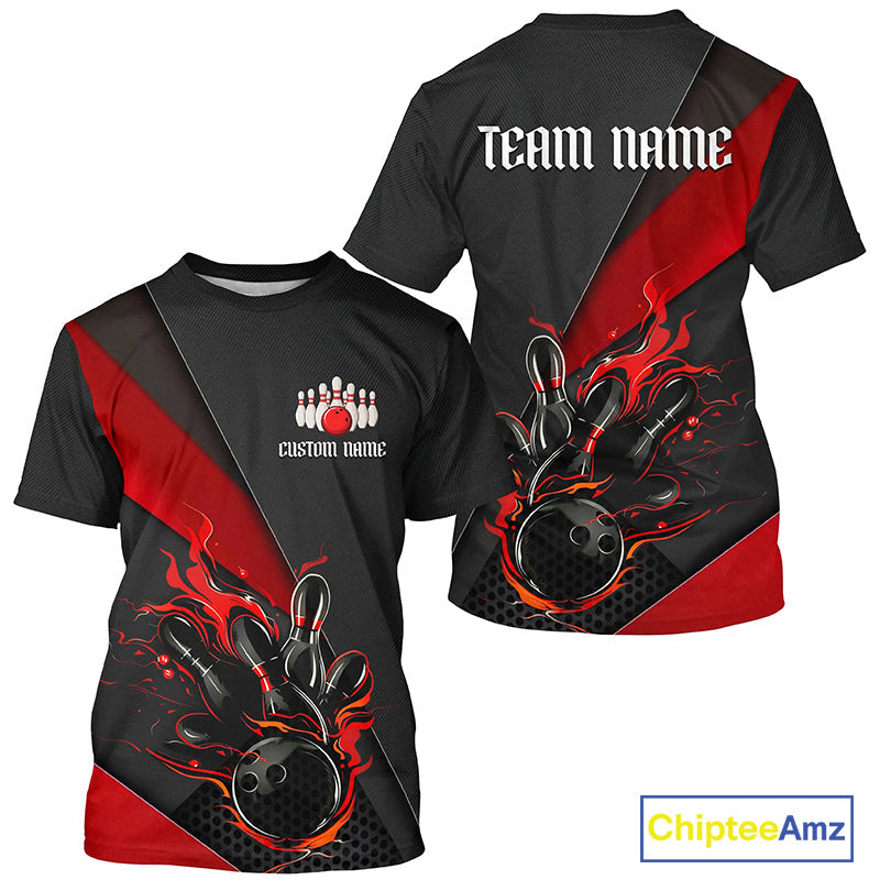 Red And Black Flame Bowling T Shirts And, Custom Bowling Uniforms For Bowling Team Outfit Bowling