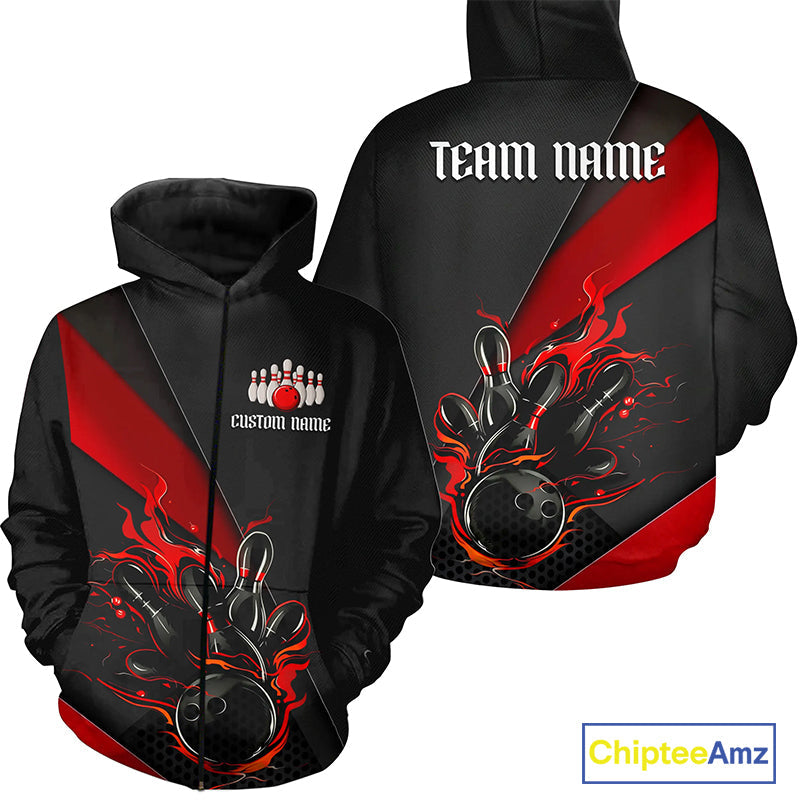 Red And Black Custom Flame Bowling Shirt And, Hoodie Bowling Team Shirts With Name