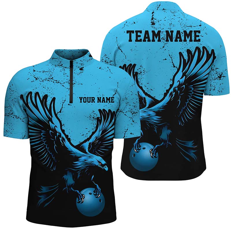 Custom Blue Eagle Bowling Quarter Zip Shirts Grunge Vintage Bowling Team Jerseys Outfits