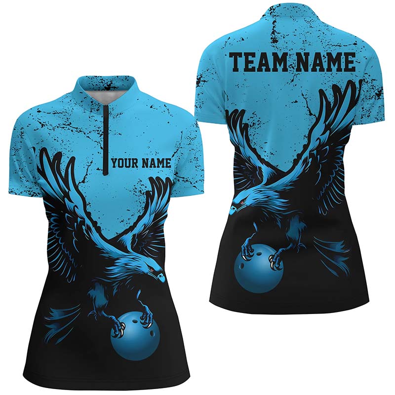 Custom Blue Eagle Bowling Quarter Zip Shirts Grunge Vintage Bowling Team Jerseys