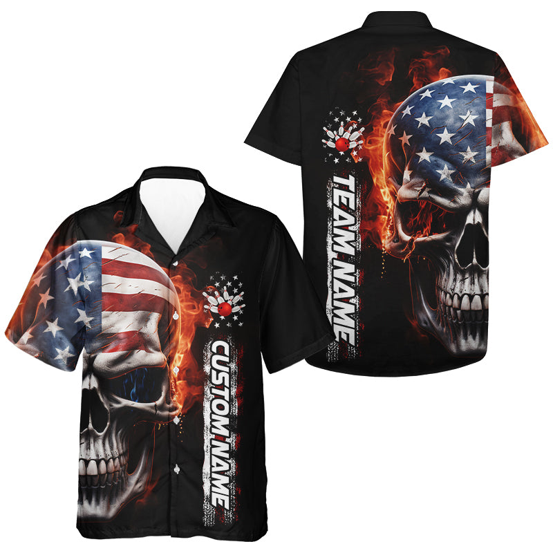 Flame Skull US Flag Custom Team Bowling Hawaiian Shirts, Patriotic Halloween Bowling Jersey