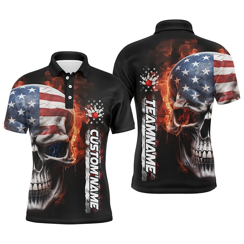 Flame Skull American Flag Custom Team Bowling Shirts, Patriotic Bowling Shirt Jerseys