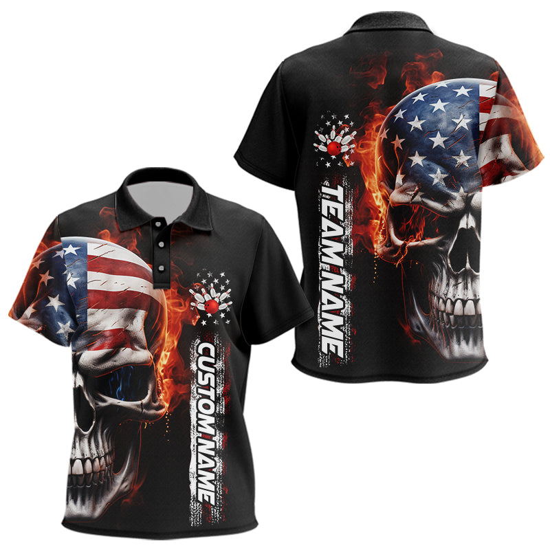 Flame Skull American Flag Custom Team Bowling Polo Shirts, Patriotic Bowling Jersey