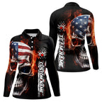 Flame Skull American Flag Custom Team Bowling Long Sleeve Polo Shirt, Patriotic Bowling