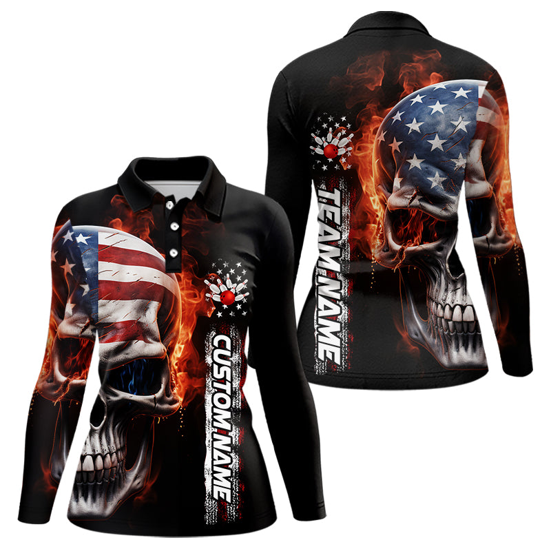 Flame Skull American Flag Custom Team Bowling Long Sleeve Polo Shirt, Patriotic Bowling