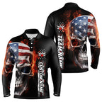 Flame Skull American Flag Custom Team Bowling Long Sleeve Polo Shirts, Patriotic Bowling Jersey