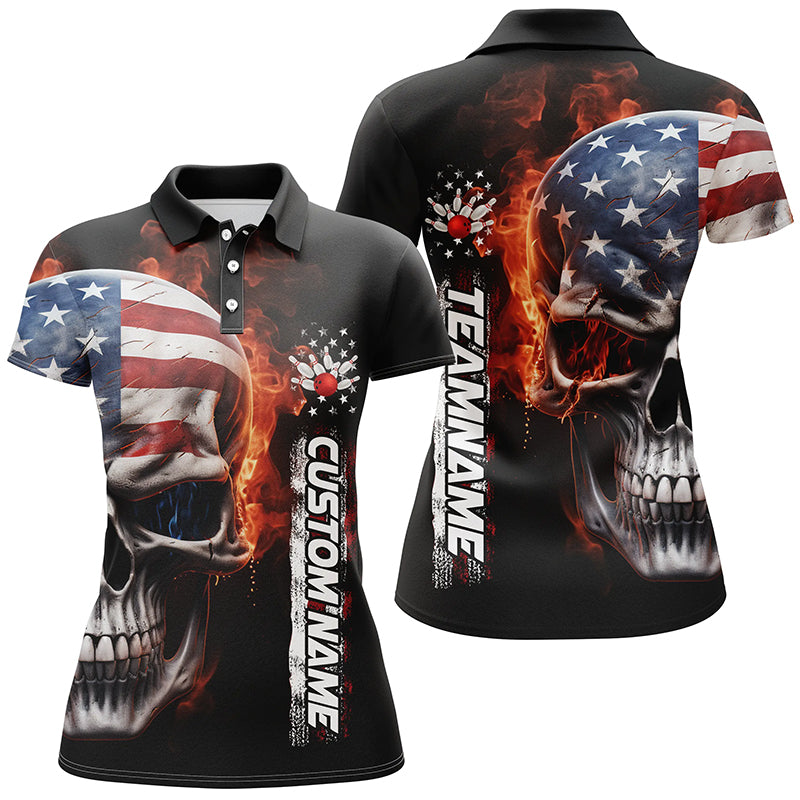 Flame Skull American Flag Custom 's Team Bowling Shirts, Patriotic Bowling Shirt