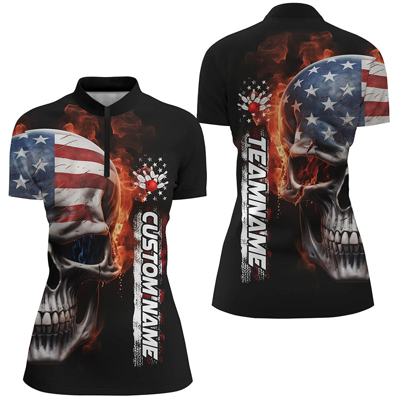 Flame Skull American Flag Custom 's Team Bowling Shirts, Patriotic Bowling Shirt