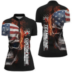 Flame Skull American Flag Custom 's Team Bowling Shirts, Patriotic Bowling Shirt