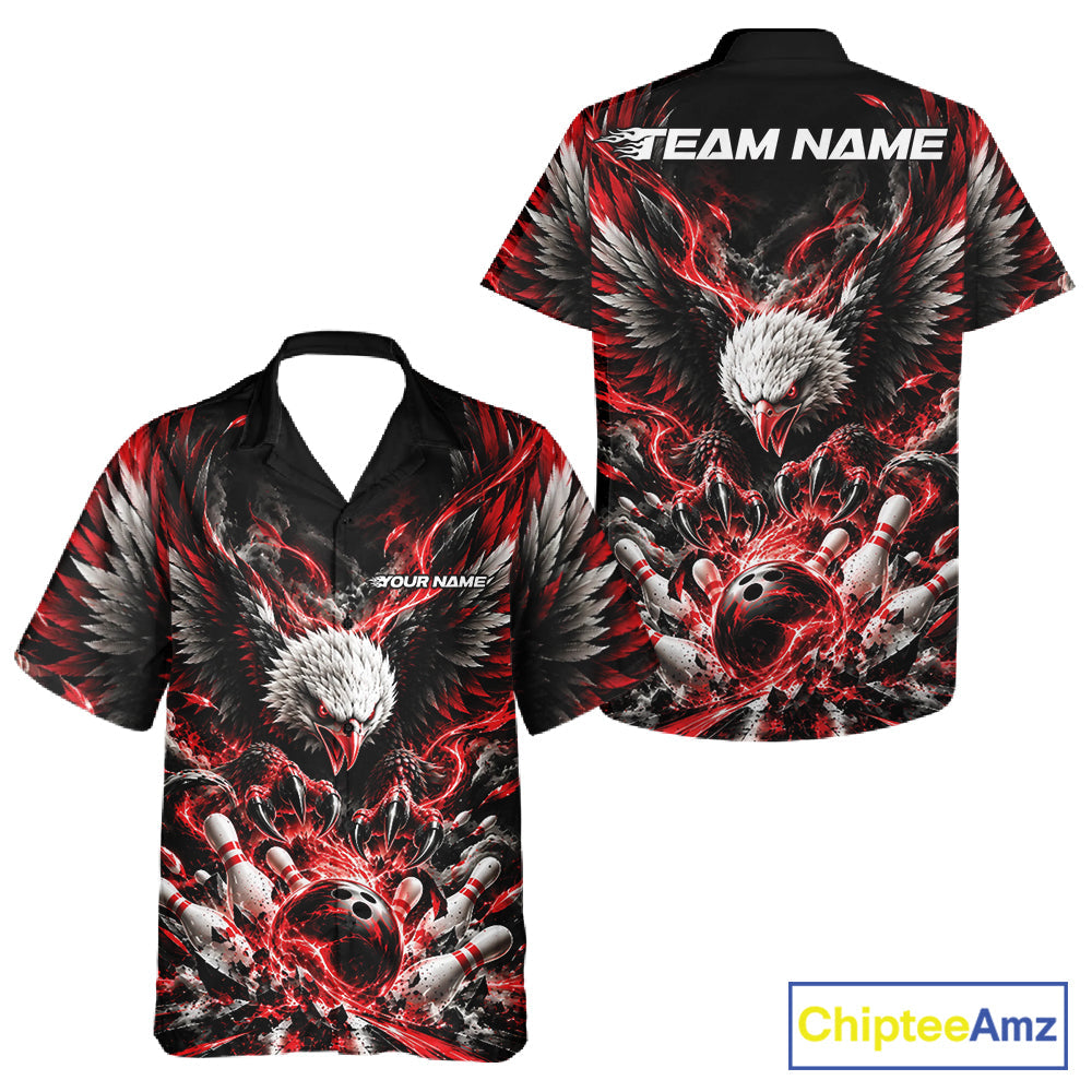 Custom Red Flame Eagle Bowling And Button Up Shirt, Matching Bowling Team League Shirt