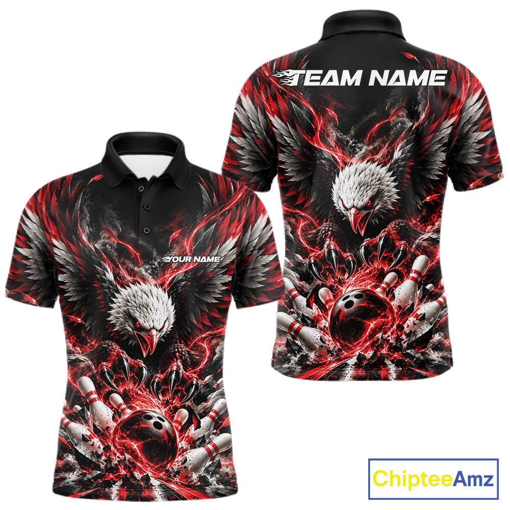 Custom Red Flame Eagle Bowling Polo Shirt, Matching Bowling Team League Shirt