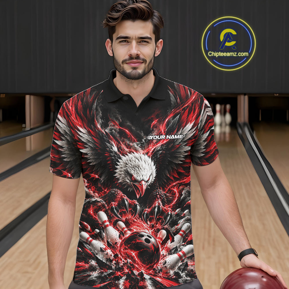 Custom Red Flame Eagle Bowling Polo Shirt, Matching Bowling Team League Shirt