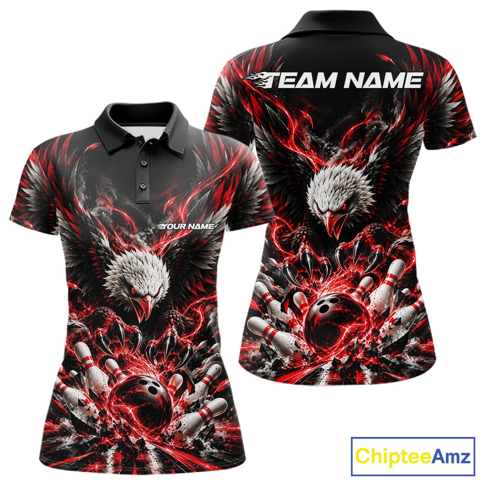 Custom Red Flame Eagle Bowling Polo Shirt, Matching Bowling Team League Shirt