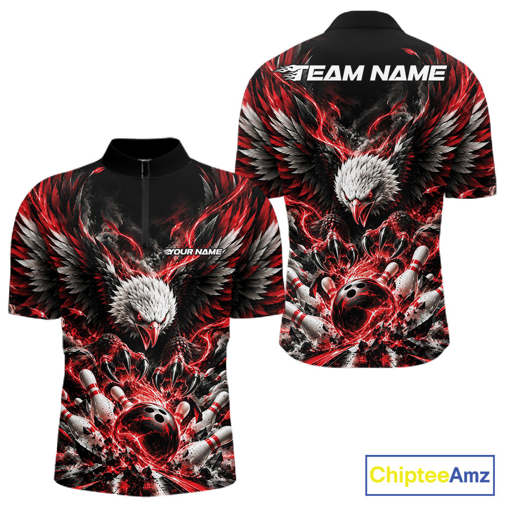 Custom Red Flame Eagle Bowling Quarter Zip Shirt, Matching Bowling Team League Shirt