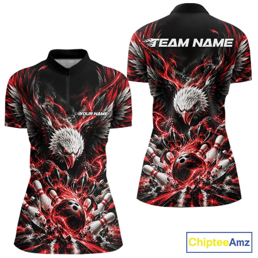 Custom Red Flame Eagle Bowling Quarter-Zip Shirt, Bowling Team League Shirt