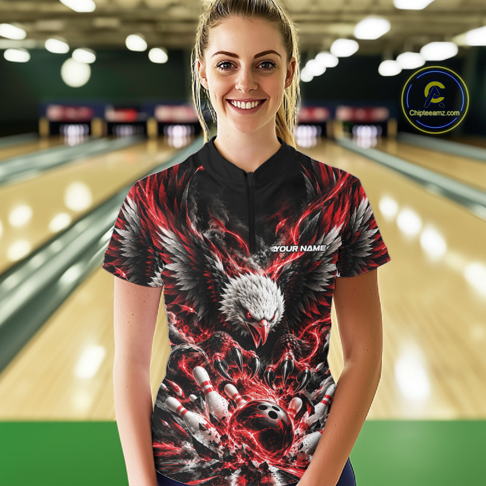 Custom Red Flame Eagle Bowling Quarter-Zip Shirt, Bowling Team League Shirt