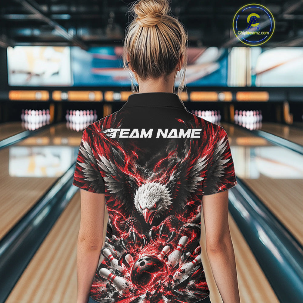 Custom Red Flame Eagle Bowling Quarter-Zip Shirt, Bowling Team League Shirt