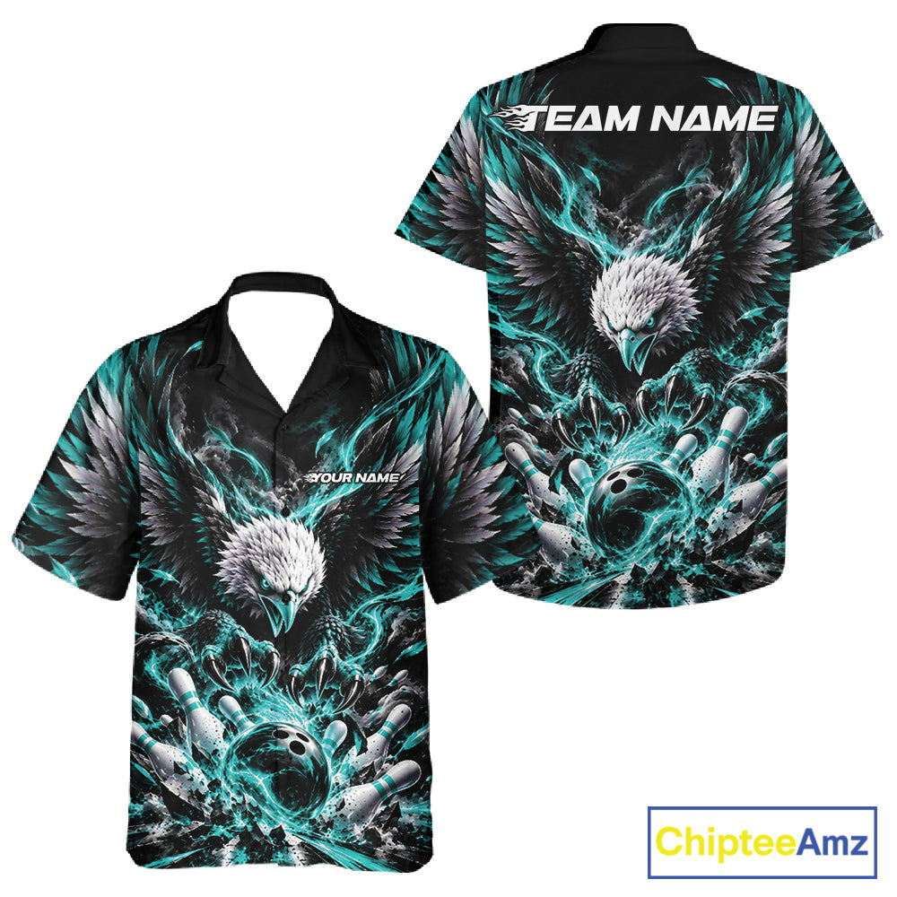 Custom Turquoise Flame Eagle Bowling And Button Up Shirt, Matching Bowling Team League Shirt