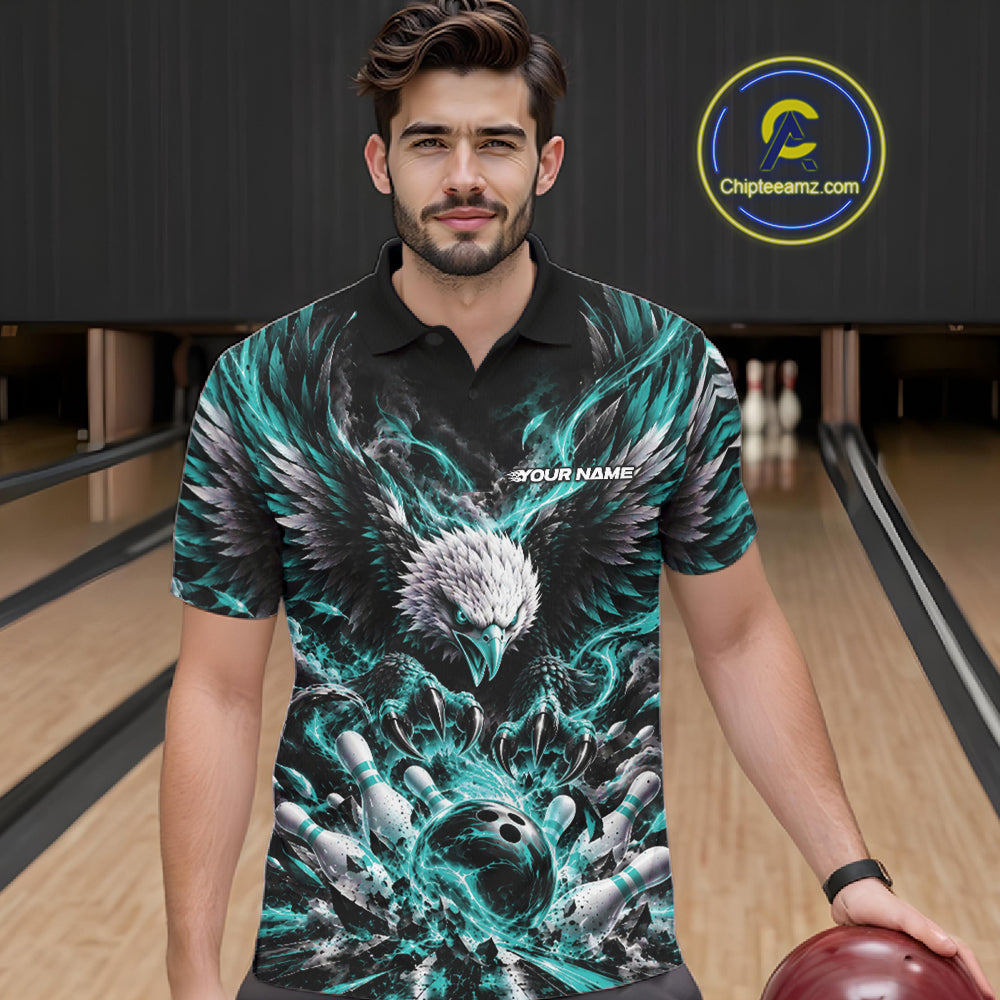 Custom Turquoise Flame Eagle Bowling Polo Shirt, Matching Bowling Team League Shirt
